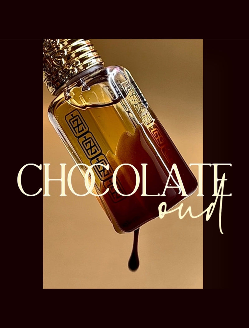 chocolate oud perfume oil, hot chocolate dripping from Abu Zari brand bottle, gold royal crown cap