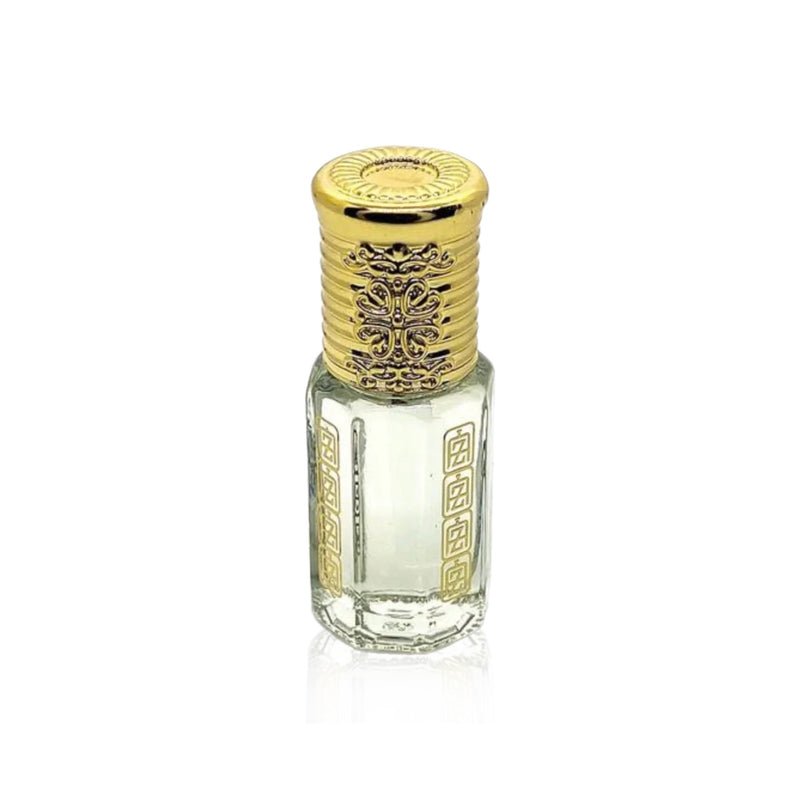 amber white perfume oil inside of a glass attar bottle with Abu Zari brand logo and gold royal crown cap